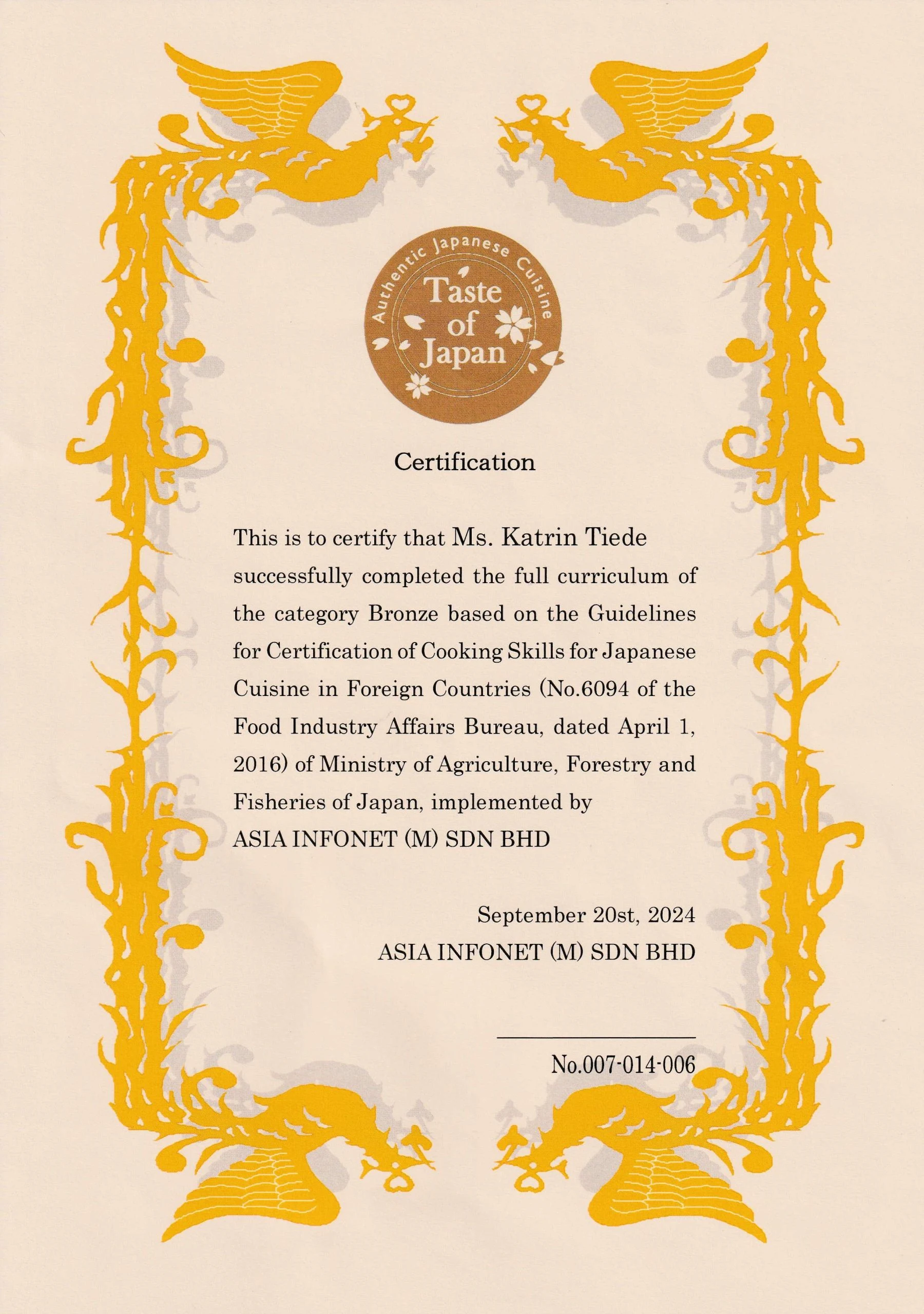 Bronze Certification of Cooking Skills, September 2024